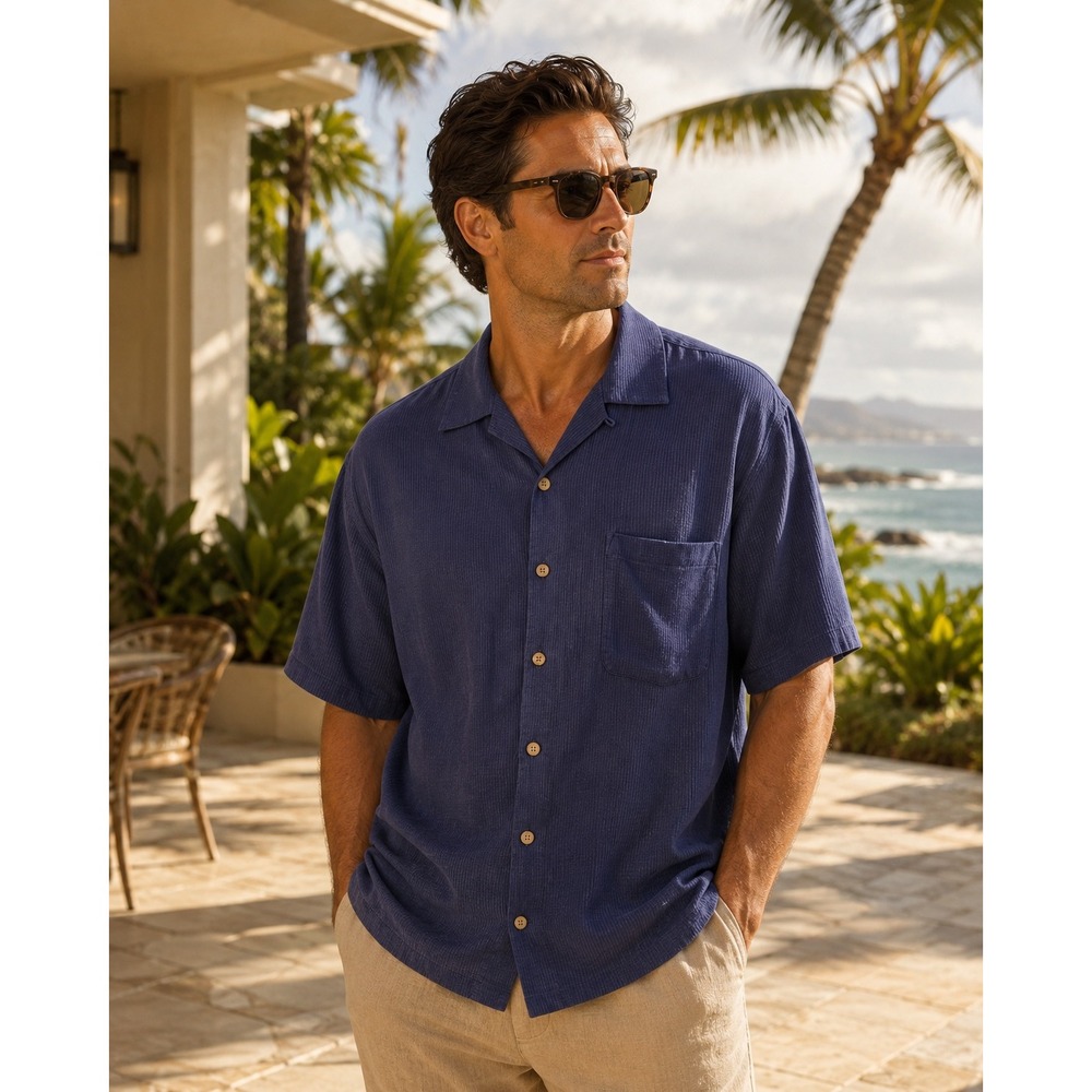 Tommy Bahama Mens Silk Camp Shirt Navy‎ Blue Pinstripe Short Sleeve Relaxed Fit
